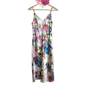 Express midi slip dress satin pink cream floral v neck sheath size small